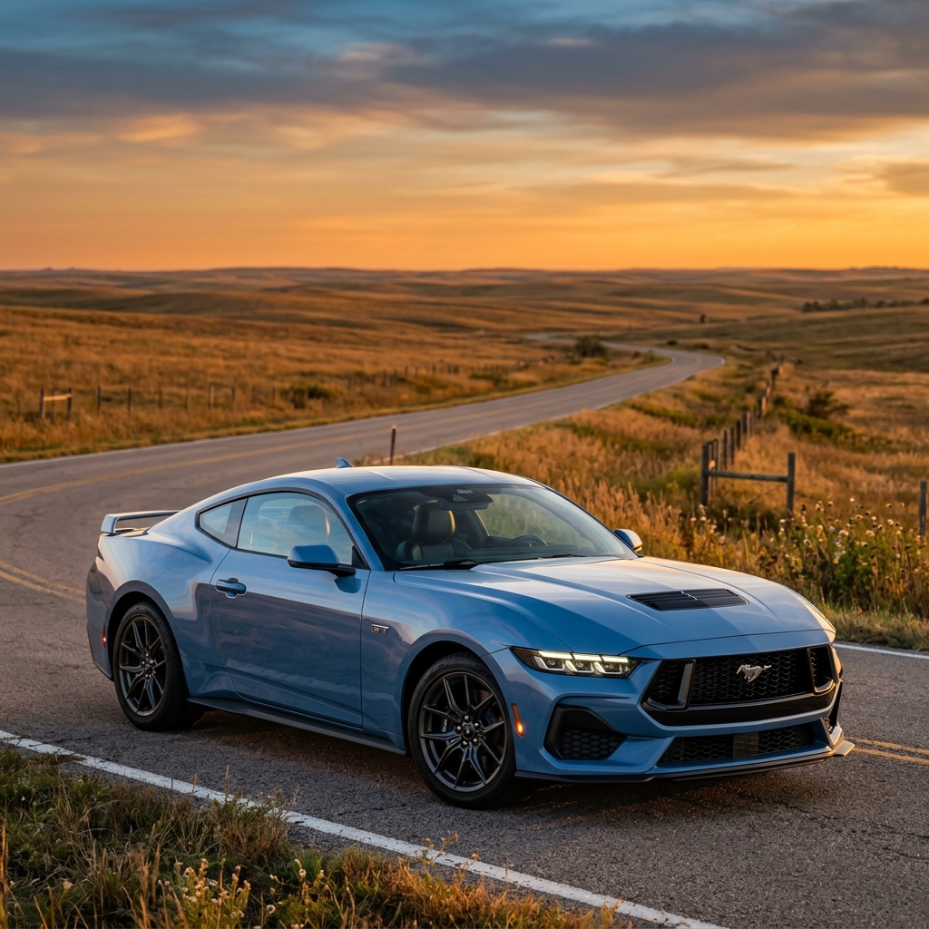 Light blue Ford Mustang GT parked on a winding rural road at sunset. (Representative image for illustration purposes only. Actual vehicle may vary based on trim and configuration.)