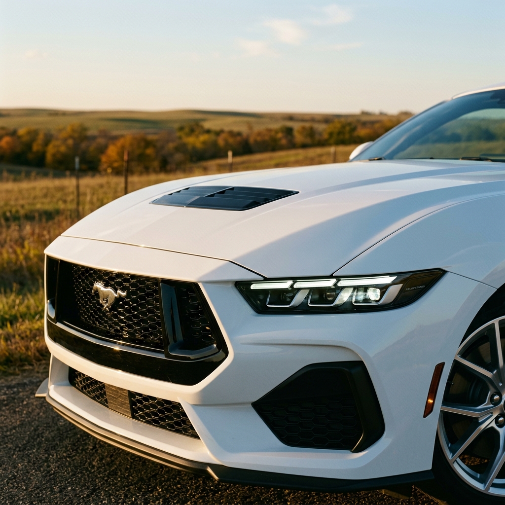 Front view of a white Ford Mustang with illuminated LED headlights parked on a rural road at sunset. (Representative image for illustration purposes only. Actual vehicle may vary based on trim and configuration.)