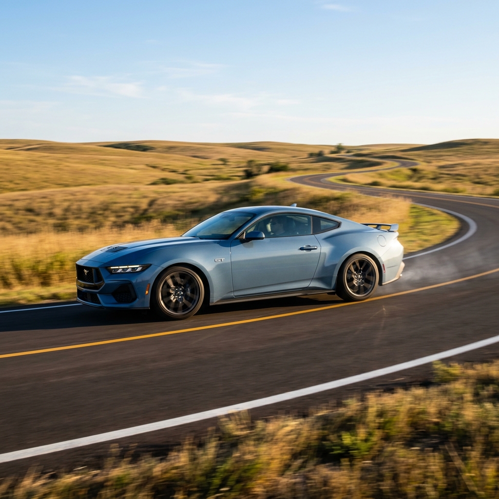 Light blue Ford Mustang GT drifting around a curve on a winding country road through rolling hills. (Representative image for illustration purposes only. Actual vehicle may vary based on trim and configuration.)