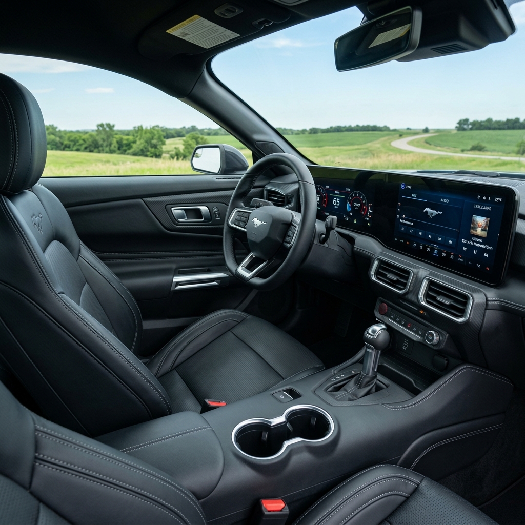Black leather interior and dual-screen digital dashboard of a modern Ford Mustang driving past green fields. (Representative image for illustration purposes only. Actual vehicle may vary based on trim and configuration.)