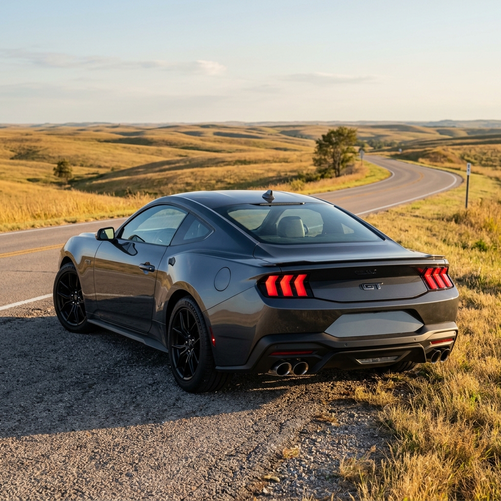 Dark grey Ford Mustang GT parked on the shoulder of a scenic winding road through rolling golden hills. (Representative image for illustration purposes only. Actual vehicle may vary based on trim and configuration.)