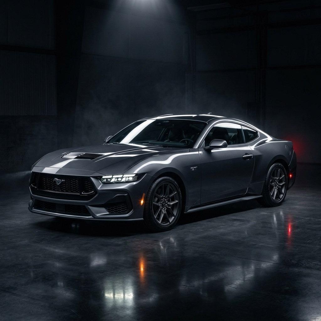 Front three-quarter view of a dark gray Ford Mustang GT parked in a moody studio with dramatic spotlighting. (Representative image for illustration purposes only. Actual vehicle may vary based on trim and configuration.)