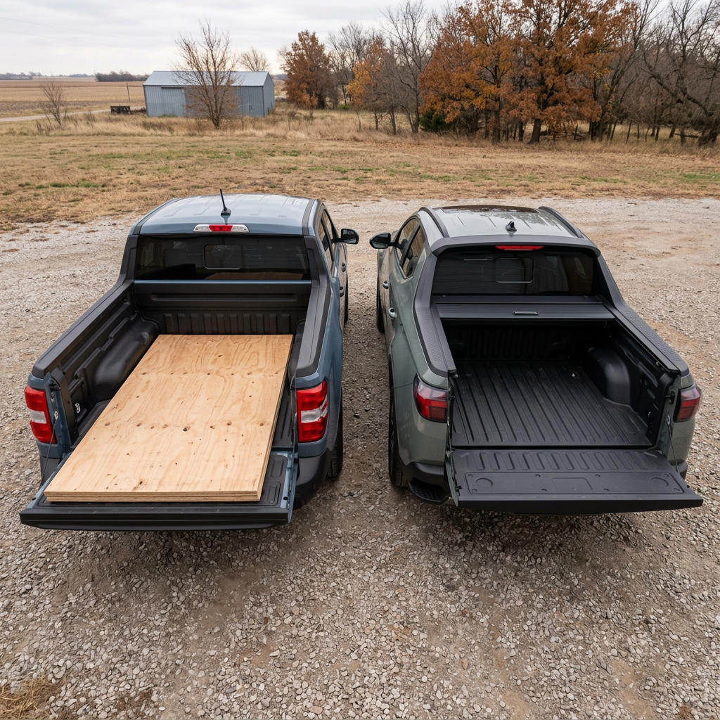 Rear view of a Ford Maverick carrying plywood sheets parked next to an empty Hyundai Santa Cruz on a gravel lot. (Representative image for illustration purposes only. Actual vehicle may vary based on trim and configuration.)