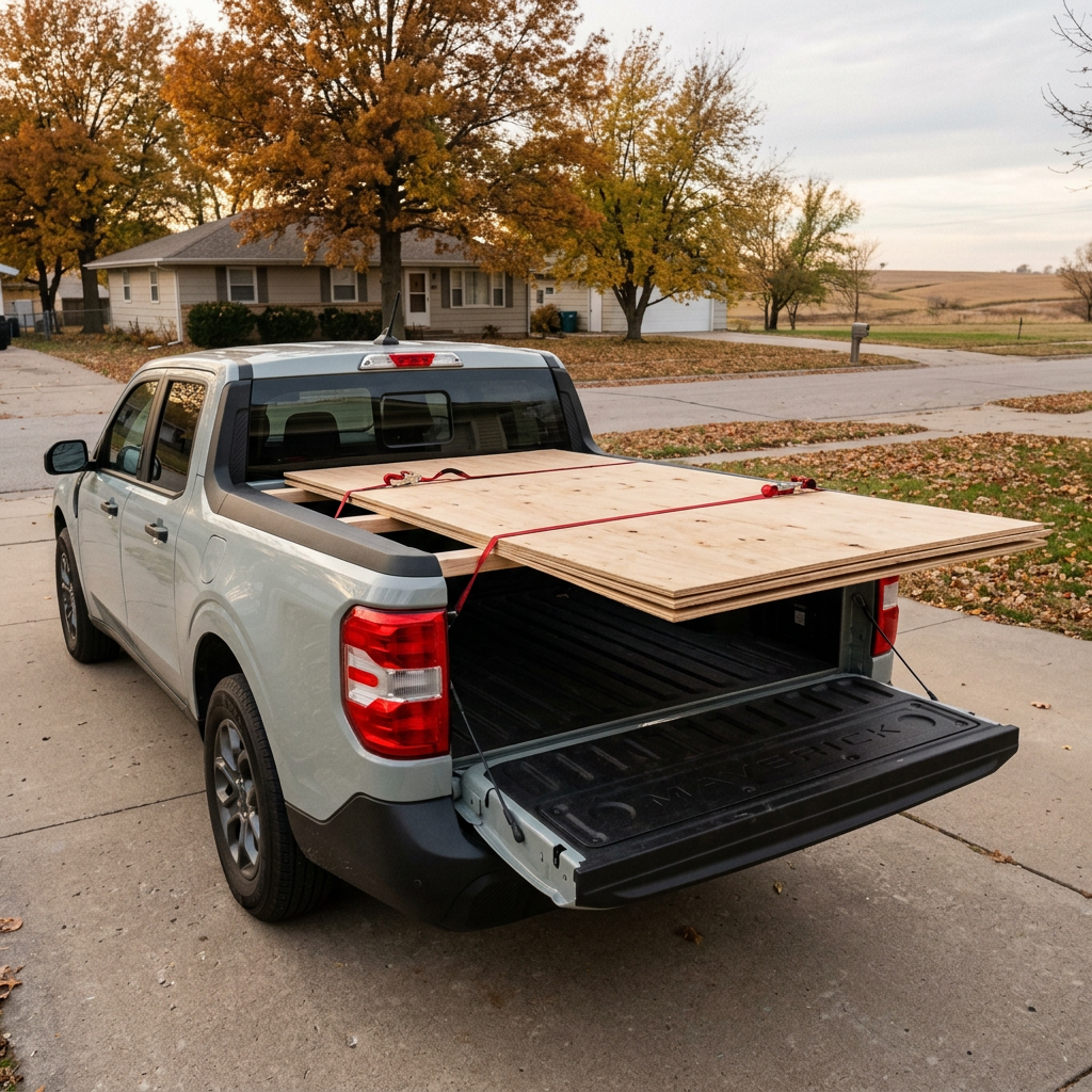 A light gray Ford Maverick truck with plywood sheets secured above the bed with red ratchet straps on a driveway. (Representative image for illustration purposes only. Actual vehicle may vary based on trim and configuration.)