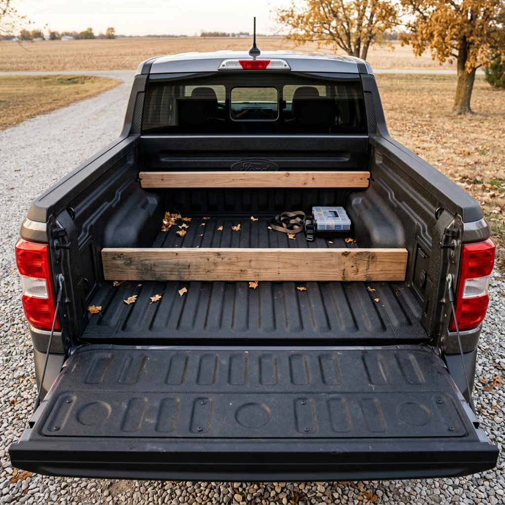 Rear view into an open pickup truck bed with wooden dividers, a storage box, and scattered autumn leaves. (Representative image for illustration purposes only. Actual vehicle may vary based on trim and configuration.)