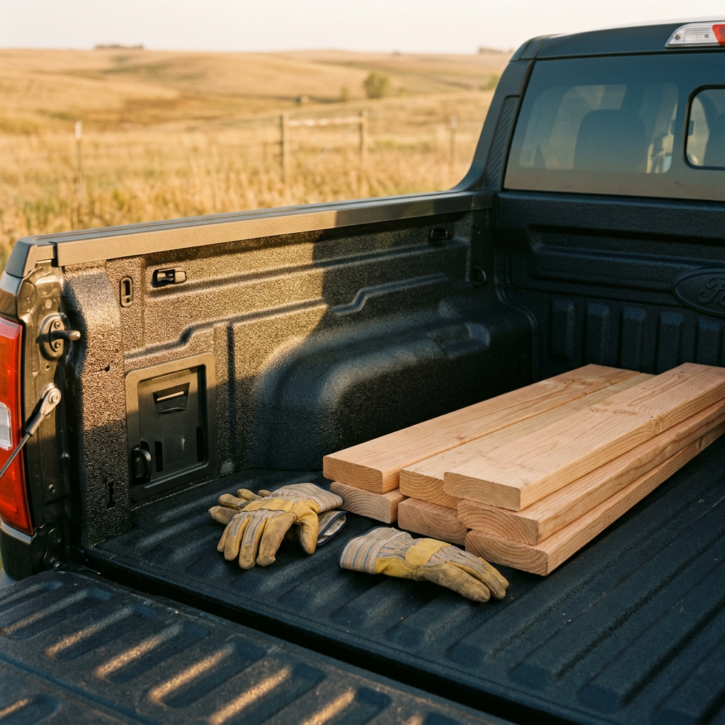 Wooden lumber planks and work gloves sitting in the bed of a pickup truck in a rural field at sunset. (Representative image for illustration purposes only. Actual vehicle may vary based on trim and configuration.)