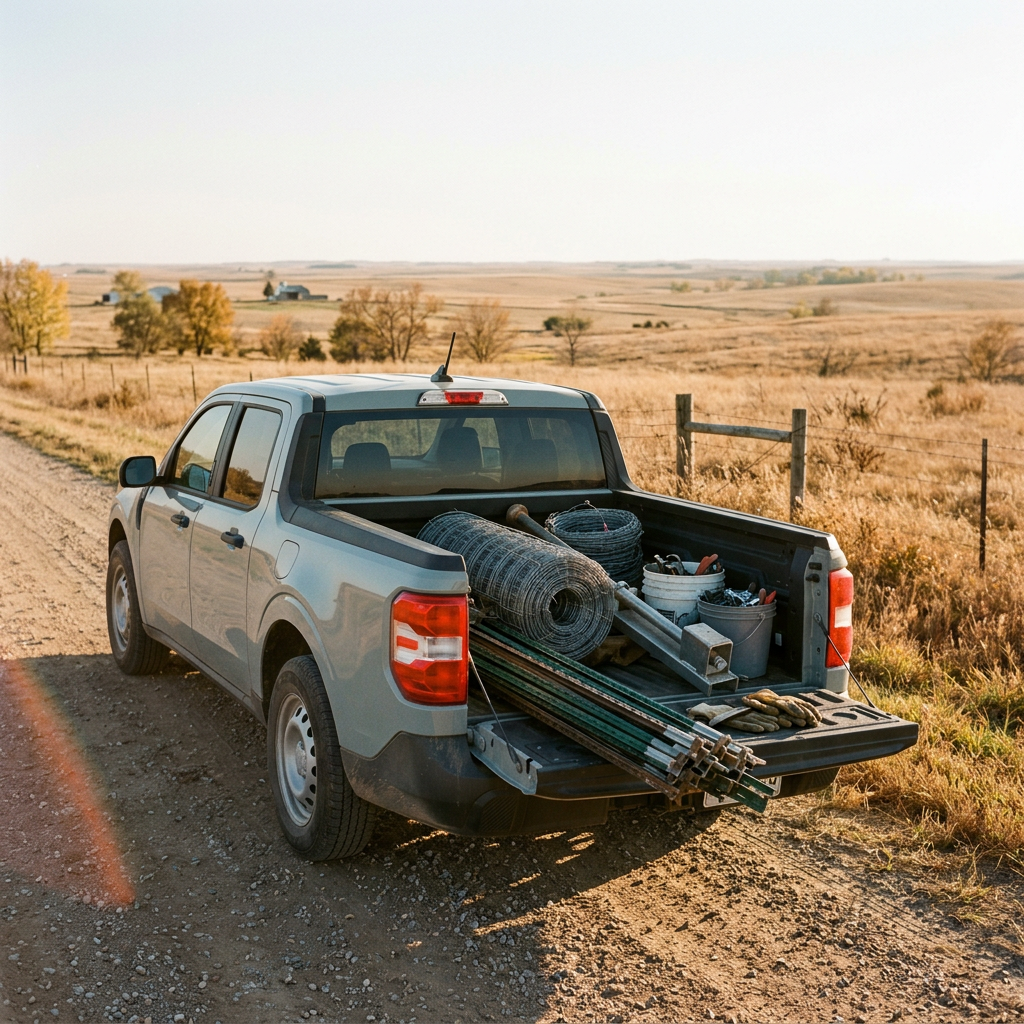 Light gray pickup truck parked on a dirt road, bed loaded with rolls of wire fencing, T-posts, and work tools. (Representative image for illustration purposes only. Actual vehicle may vary based on trim and configuration.)
