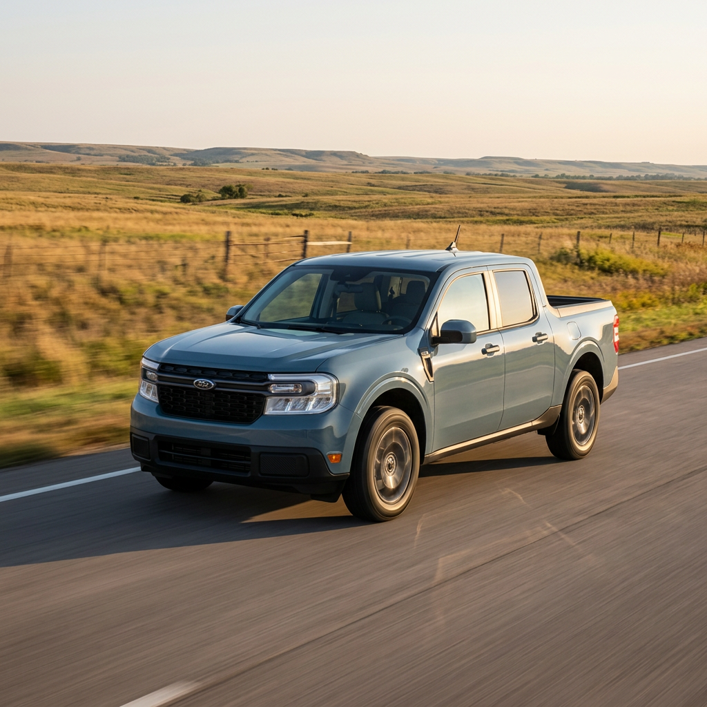Light blue Ford Maverick pickup truck driving on a two-lane highway through rolling countryside hills. (Representative image for illustration purposes only. Actual vehicle may vary based on trim and configuration.)