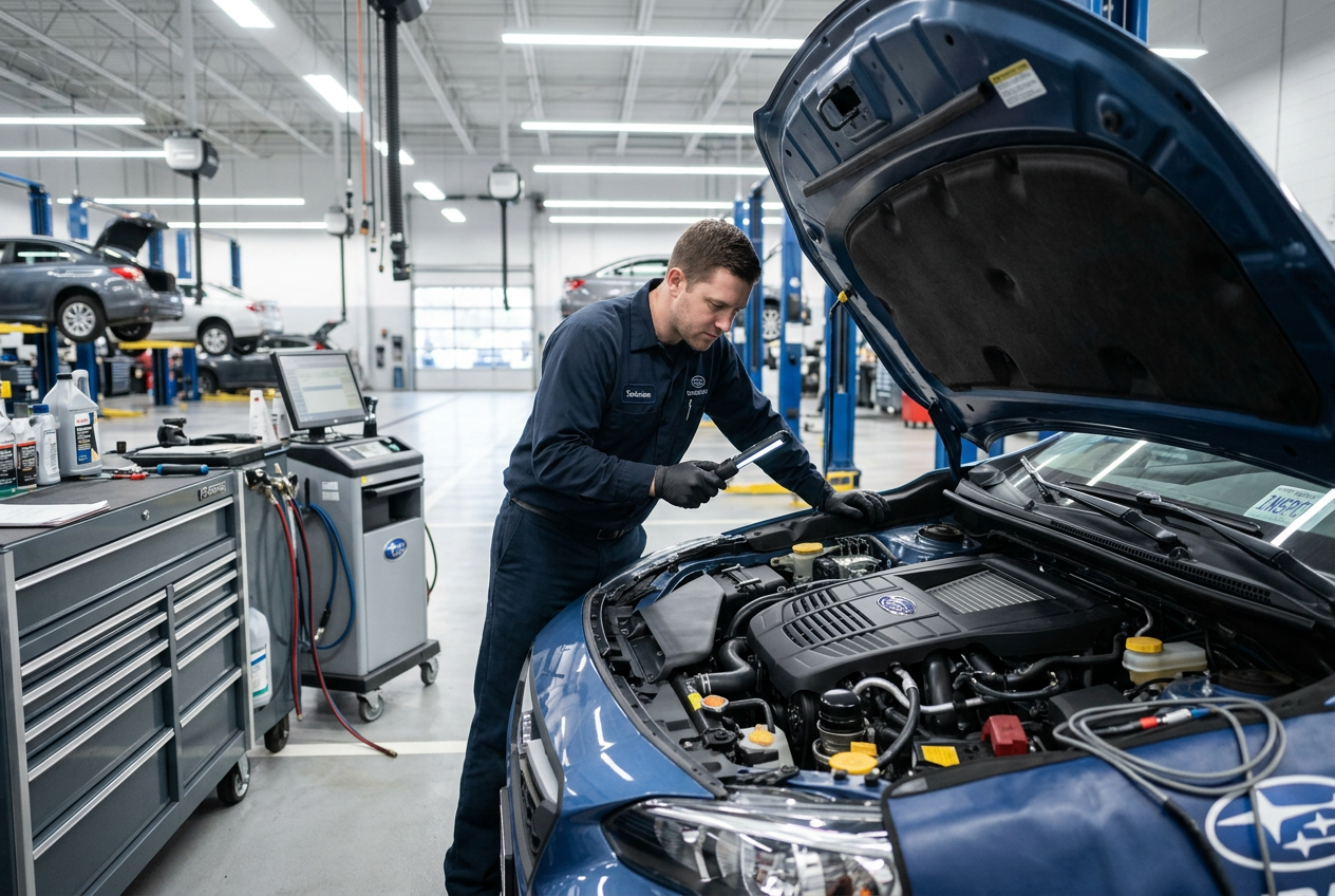 Automotive technician using a light wand to inspect a car's engine bay in a service garage. (Representative image for illustration purposes only. Actual vehicle may vary based on trim and configuration.)