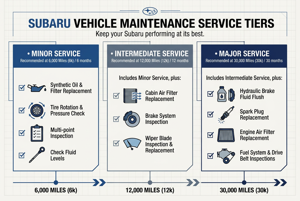 Subaru vehicle maintenance service tiers chart detailing minor, intermediate, and major service recommendations. (Representative image for illustration purposes only. Actual vehicle may vary based on trim and configuration.)