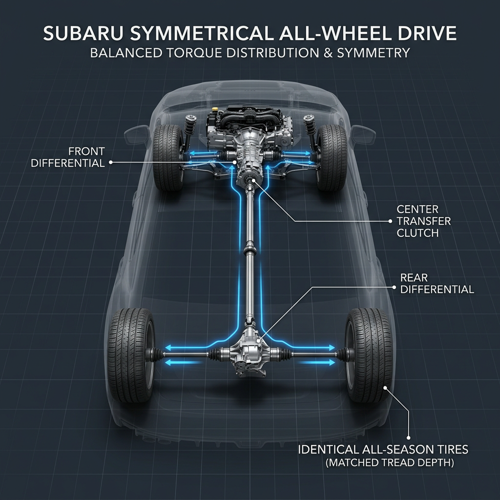 Technical diagram of Subaru Symmetrical All-Wheel Drive drivetrain highlighting front, center, and rear components. (Representative image for illustration purposes only. Actual vehicle may vary based on trim and configuration.)