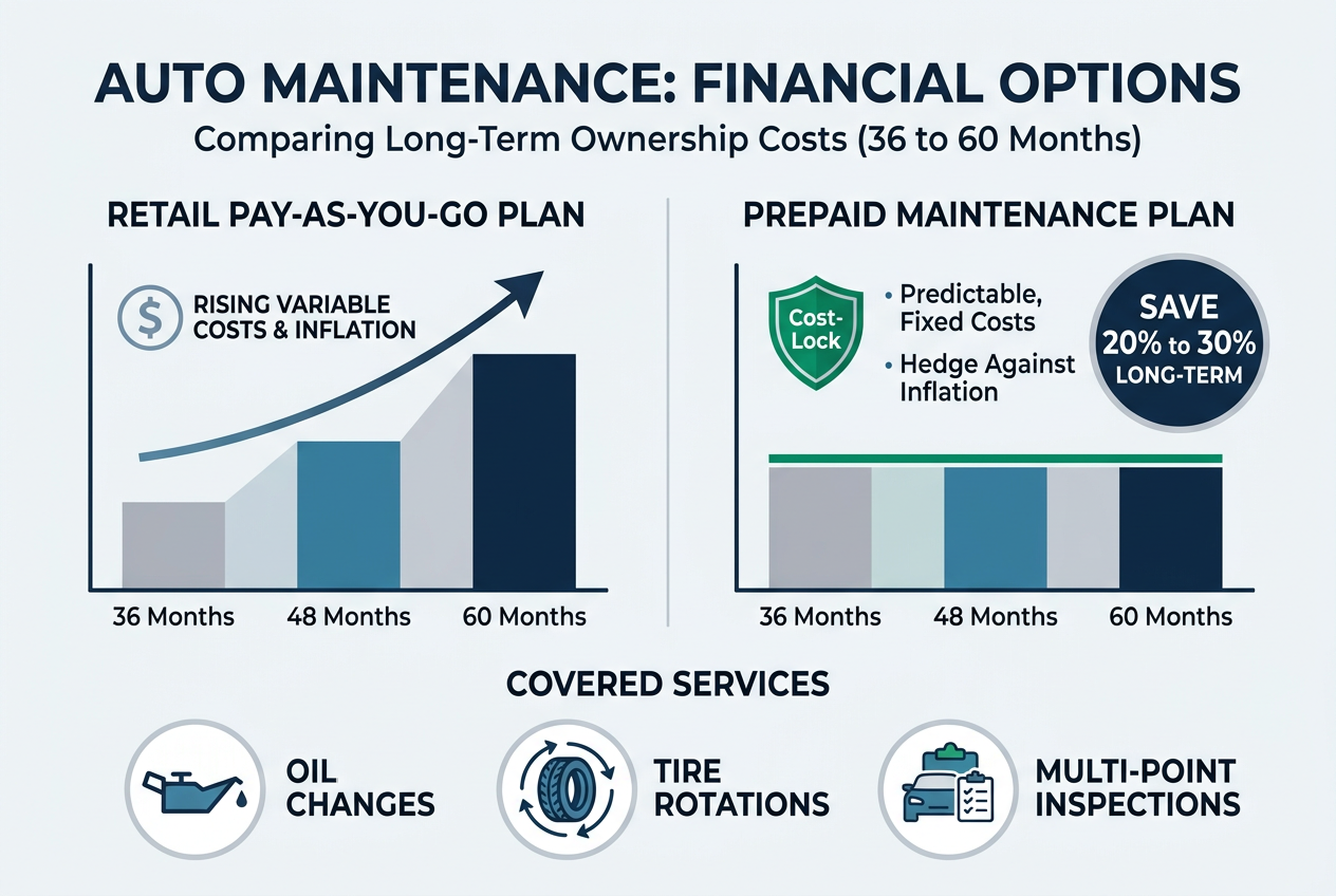 Infographic comparing retail pay-as-you-go auto maintenance with a prepaid plan over 36 to 60 months. (Representative image for illustration purposes only. Actual vehicle may vary based on trim and configuration.)
