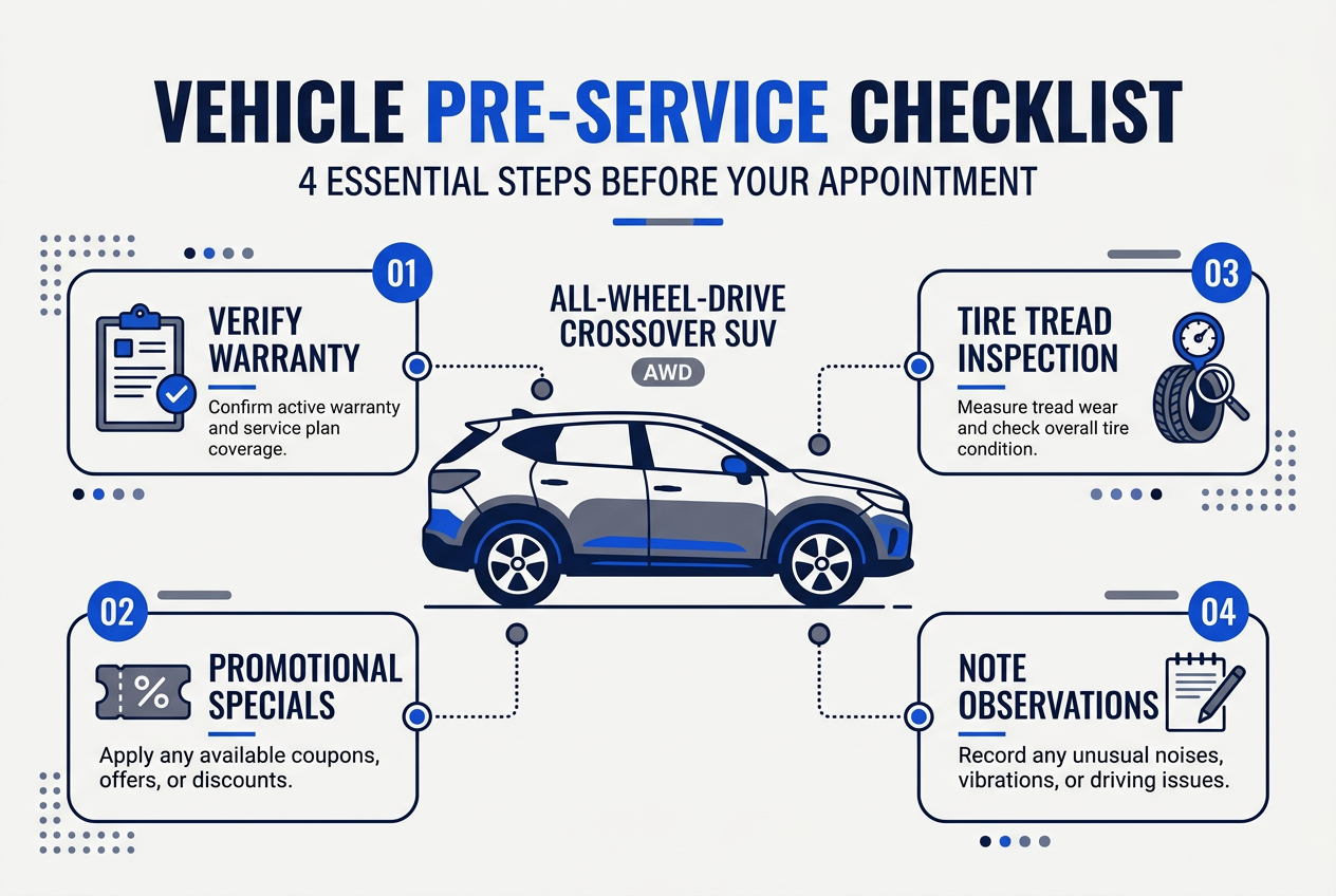 Infographic detailing four essential pre-service steps for vehicle maintenance around a central crossover SUV vector. (Representative image for illustration purposes only. Actual vehicle may vary based on trim and configuration.)