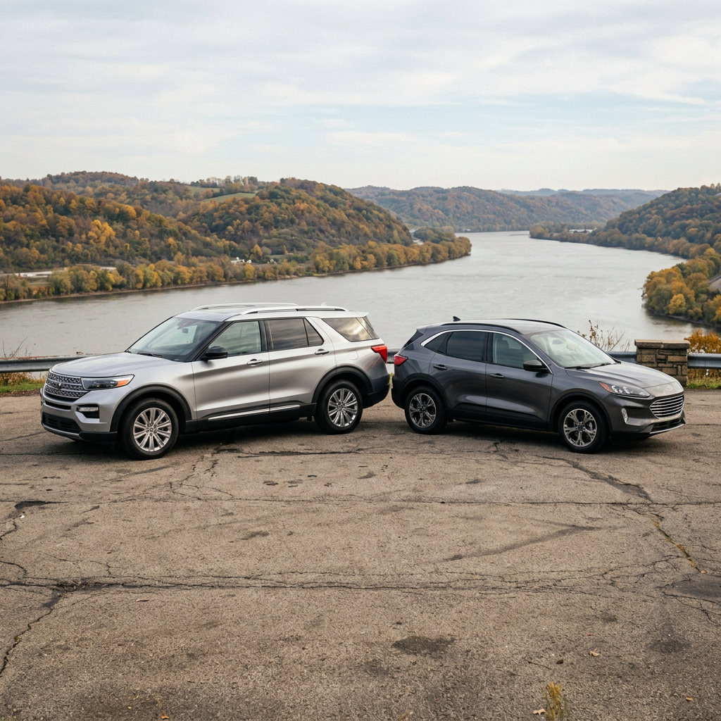 Silver Ford Explorer and dark gray Ford Escape parked bumper to bumper at a river overlook during autumn. (Representative image for illustration purposes only. Actual vehicle may vary based on trim and configuration.)
