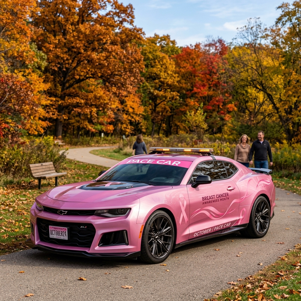 A metallic pink Chevrolet Camaro pace car decorated for Breast Cancer Awareness Month parked on a trail amidst autumn foliage. (Representative image for illustration purposes only. Actual vehicle may vary based on trim and configuration.)