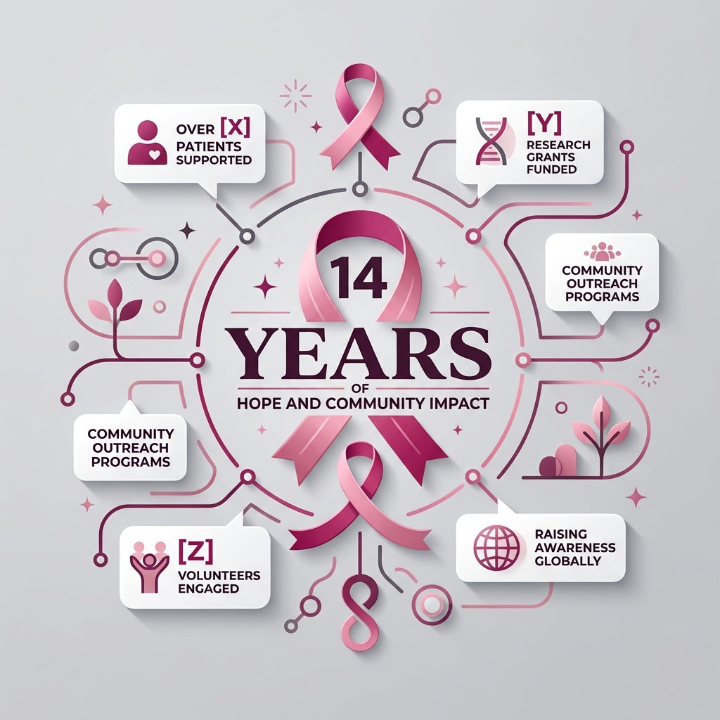 Pink vector infographic celebrating 14 years of hope and community impact with statistics callouts. (Representative image for illustration purposes only. Actual vehicle may vary based on trim and configuration.)