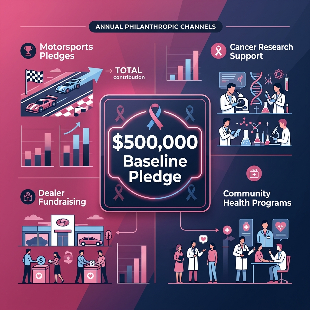 Infographic illustrating a $500,000 baseline pledge across motorsports, cancer research, dealer fundraising, and health. (Representative image for illustration purposes only. Actual vehicle may vary based on trim and configuration.)