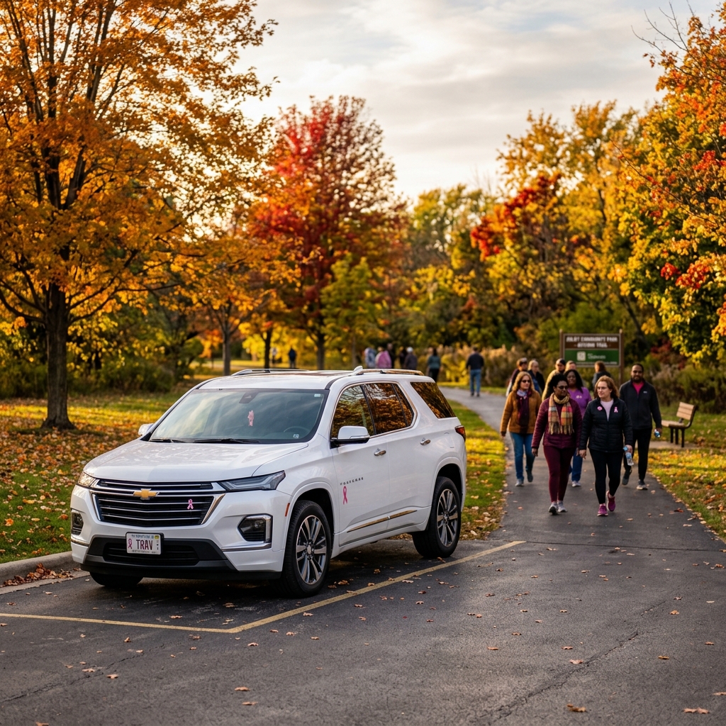 White Chevrolet Traverse SUV with pink breast cancer ribbons parked near a paved park path with people walking in autumn. (Representative image for illustration purposes only. Actual vehicle may vary based on trim and configuration.)