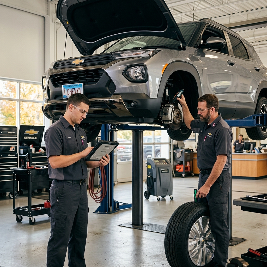 Two Chevrolet mechanics inspecting a silver SUV on a lift using diagnostic equipment and a tire tread gauge. (Representative image for illustration purposes only. Actual vehicle may vary based on trim and configuration.)