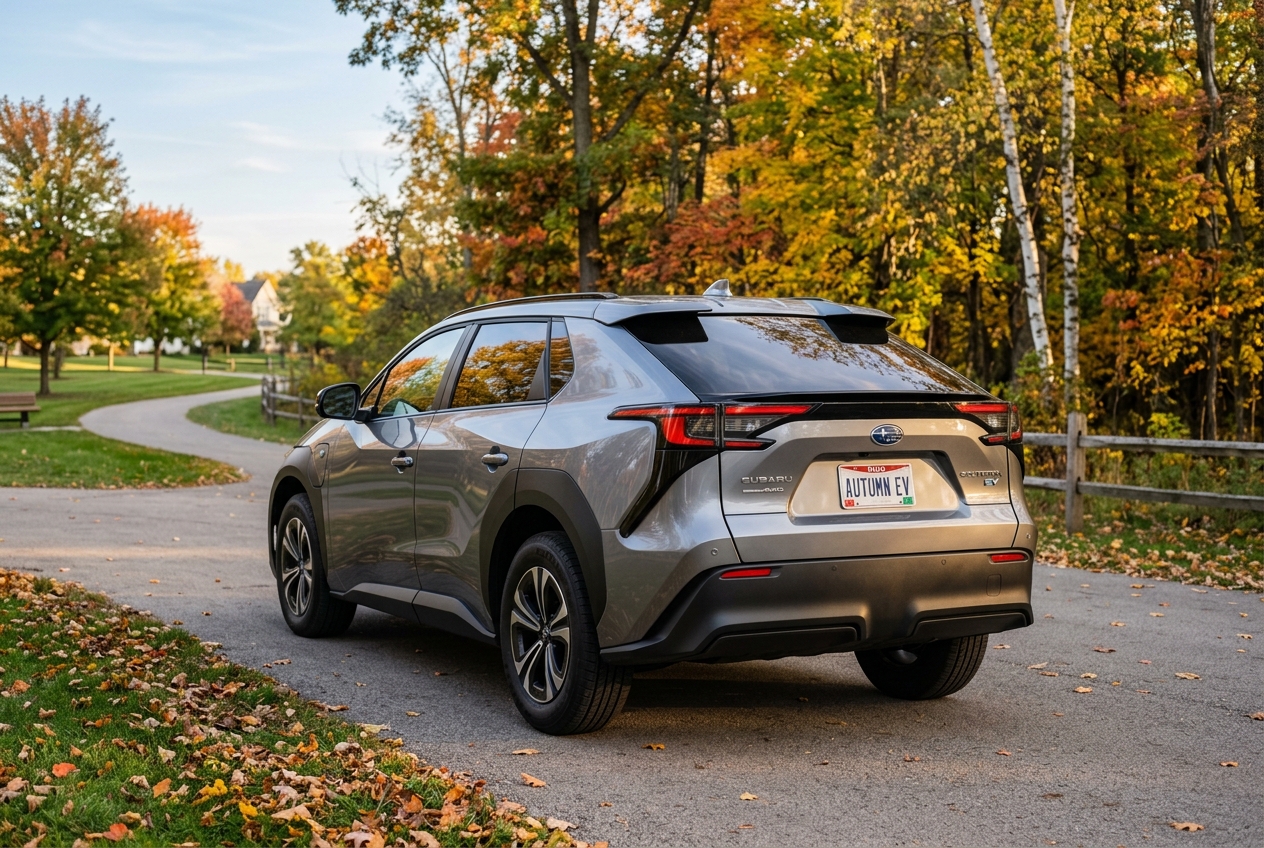 Silver Subaru Solterra EV parked on a paved driveway surrounded by fall foliage and colorful autumn trees. (Representative image for illustration purposes only. Actual vehicle may vary based on trim and configuration.)