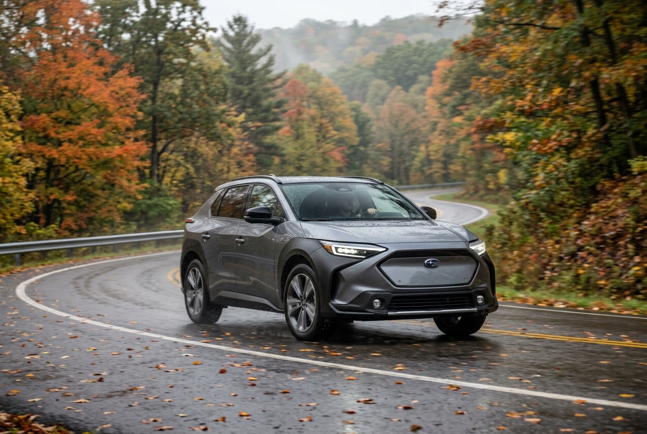 A grey Subaru Solterra electric SUV driving along a winding, wet road lined with colorful autumn trees. (Representative image for illustration purposes only. Actual vehicle may vary based on trim and configuration.)