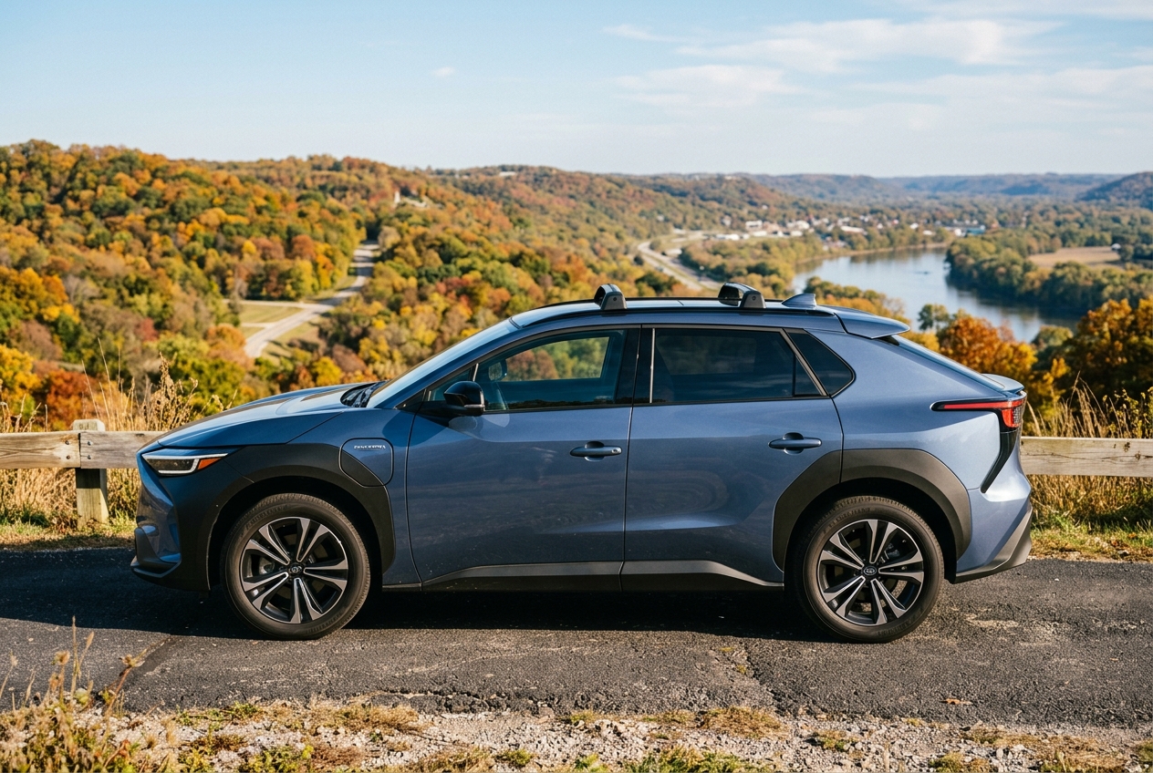 Side view of a blue electric SUV parked at a scenic hill overlook surrounded by colorful fall trees and a river. (Representative image for illustration purposes only. Actual vehicle may vary based on trim and configuration.)