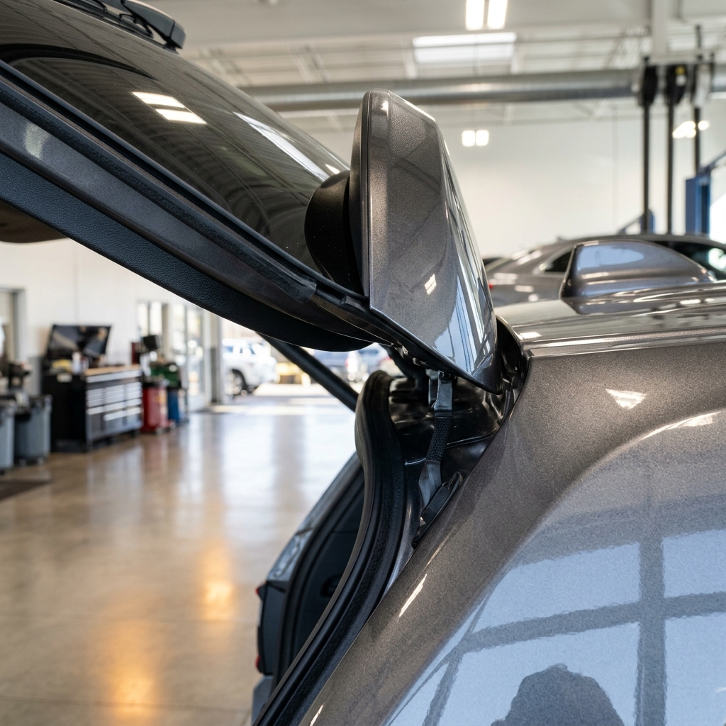 Close-up view of an open grey SUV rear liftgate and hinge mechanism inside an auto repair shop. (Representative image for illustration purposes only. Actual vehicle may vary based on trim and configuration.)