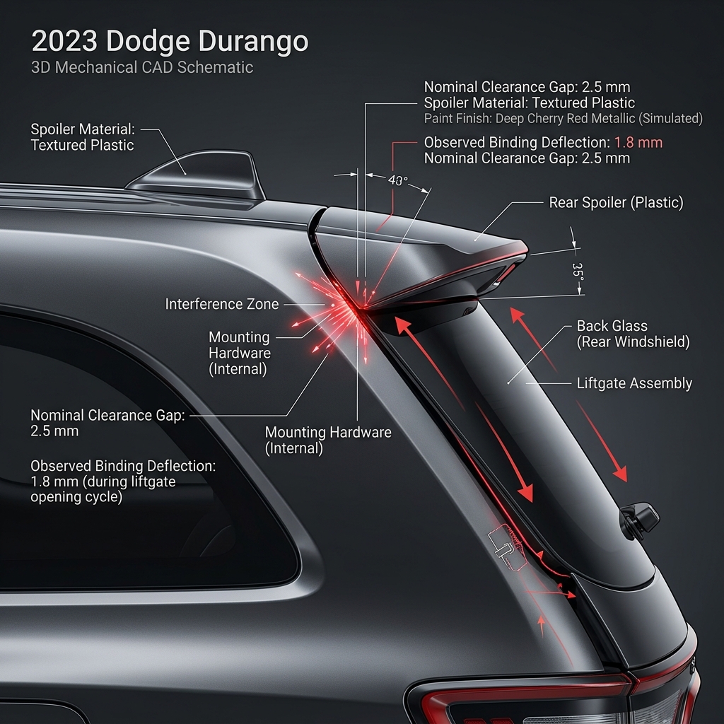 3D CAD schematic showing rear spoiler clearance and interference zone on a 2023 Dodge Durango. (Representative image for illustration purposes only. Actual vehicle may vary based on trim and configuration.)