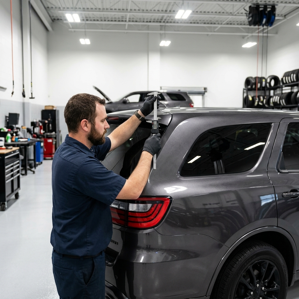 A mechanic wearing black gloves uses a digital caliper to measure the rear panel gap on a dark grey SUV. (Representative image for illustration purposes only. Actual vehicle may vary based on trim and configuration.)