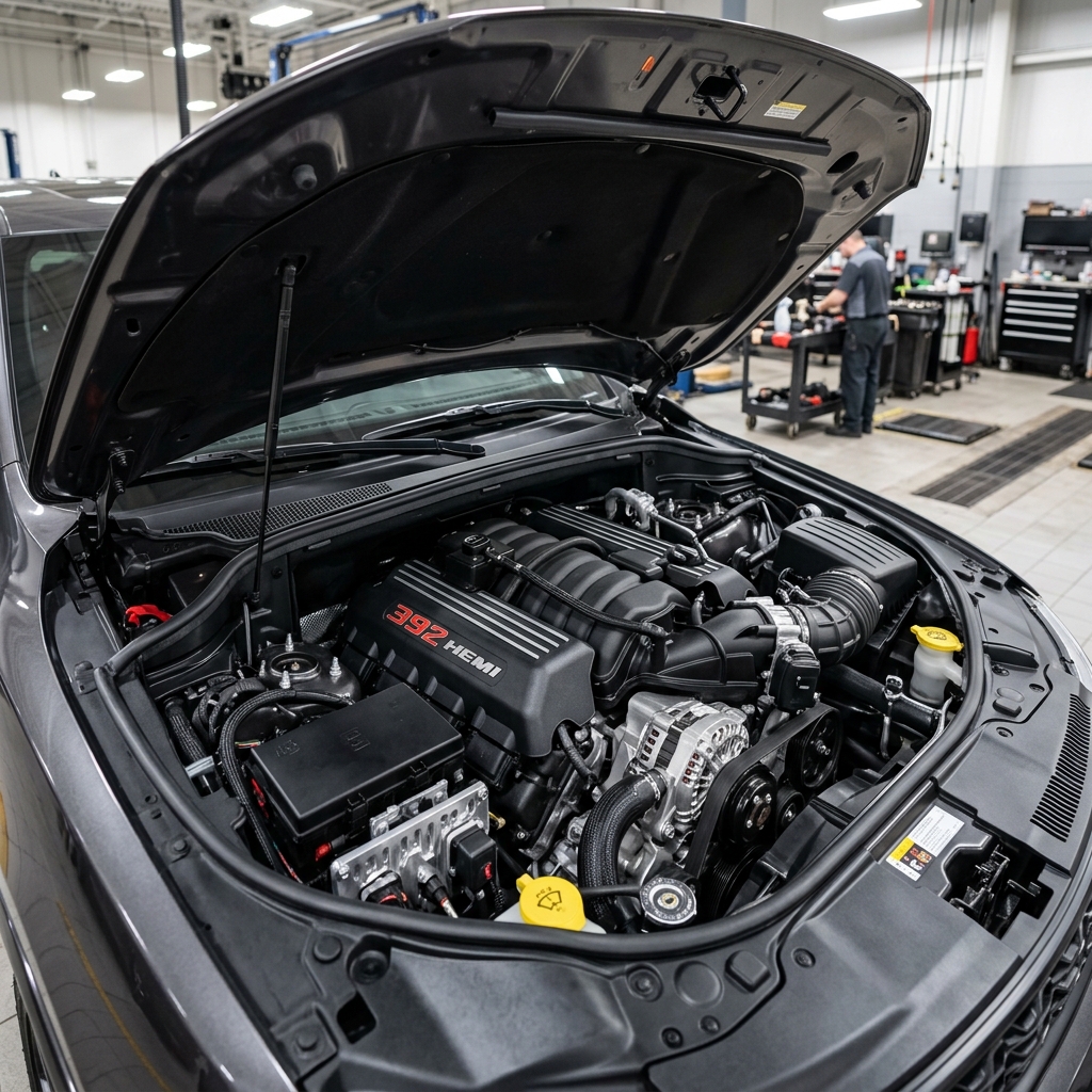 Open hood of a dark gray vehicle showcasing a detailed 392 HEMI V8 engine in an auto repair shop. (Representative image for illustration purposes only. Actual vehicle may vary based on trim and configuration.)