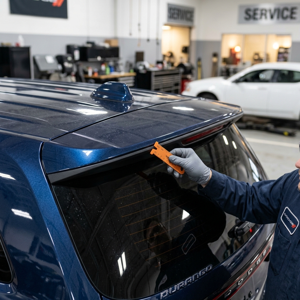 Mechanic using an orange gauge tool to inspect the rear spoiler gap on a blue Dodge Durango in a service shop. (Representative image for illustration purposes only. Actual vehicle may vary based on trim and configuration.)
