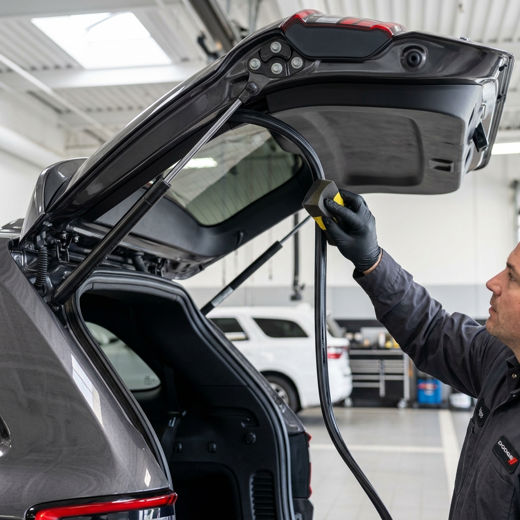 Mechanic in black gloves uses a foam applicator to condition the rubber weatherstrip seal on an open SUV tailgate. (Representative image for illustration purposes only. Actual vehicle may vary based on trim and configuration.)