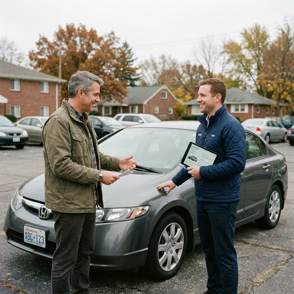 Two men standing next to a gray sedan, with one handing paper to a sales representative holding a tablet. (Representative image for illustration purposes only. Actual vehicle may vary based on trim and configuration.)