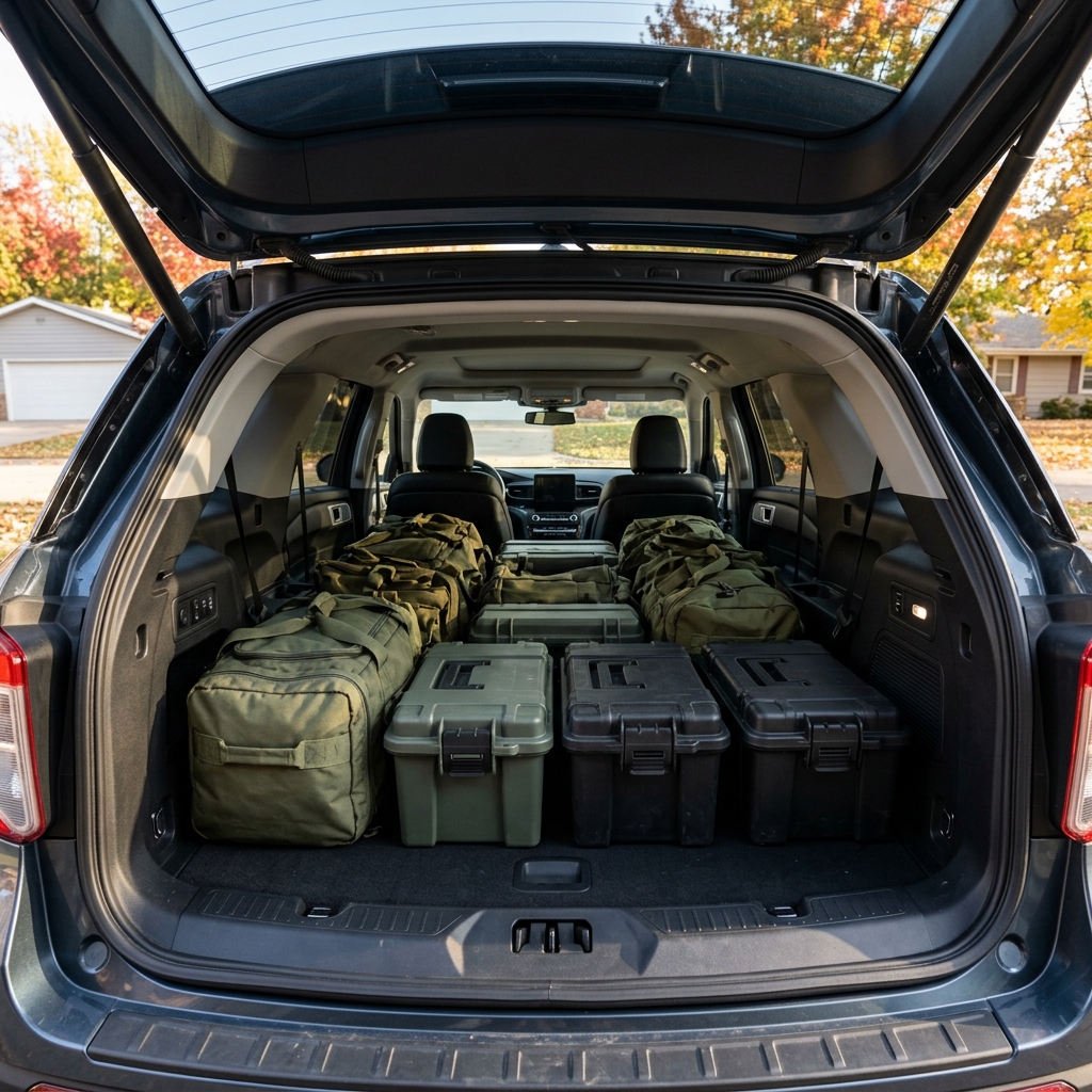 Open trunk of a grey SUV neatly loaded with olive green duffel bags and dark hard-shell equipment cases. (Representative image for illustration purposes only. Actual vehicle may vary based on trim and configuration.)