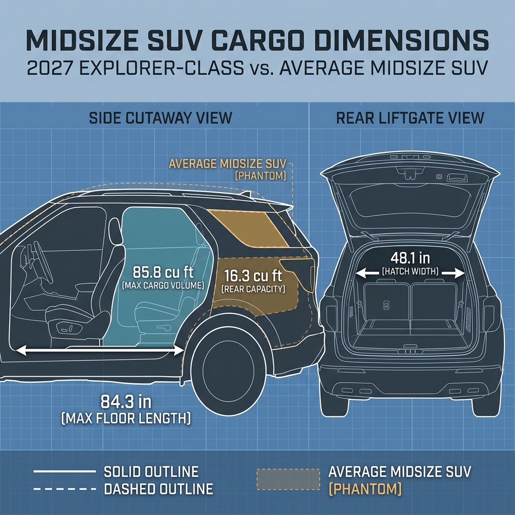 Technical blueprint diagram comparing cargo dimensions of a 2027 Explorer-class SUV to an average midsize SUV. (Representative image for illustration purposes only. Actual vehicle may vary based on trim and configuration.)