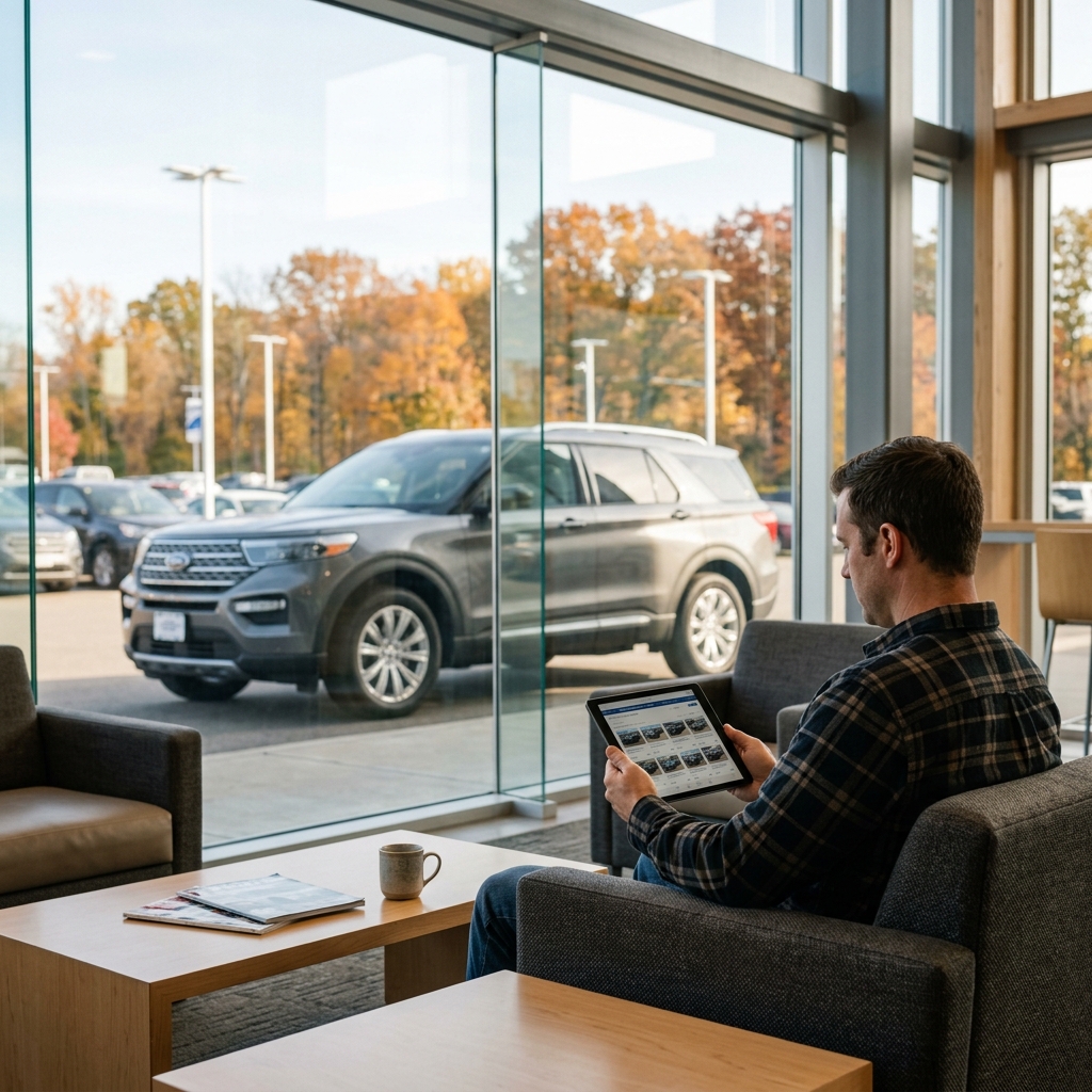A man sitting in a dealership lounge holding a tablet while looking at a grey Ford SUV parked outside. (Representative image for illustration purposes only. Actual vehicle may vary based on trim and configuration.)