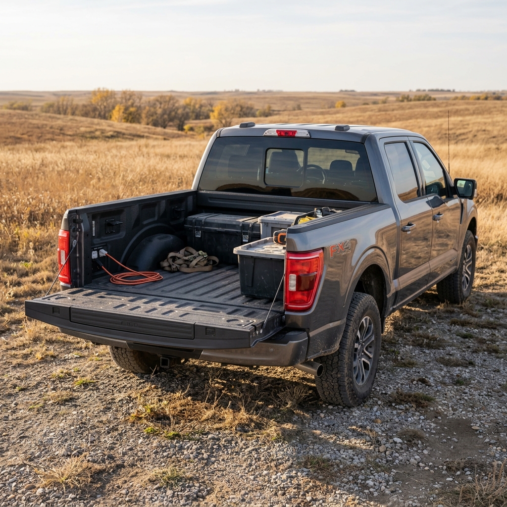 Rear view of a gray pickup truck parked in a field with its tailgate down, showing cargo and power outlets in the bed. (Representative image for illustration purposes only. Actual vehicle may vary based on trim and configuration.)
