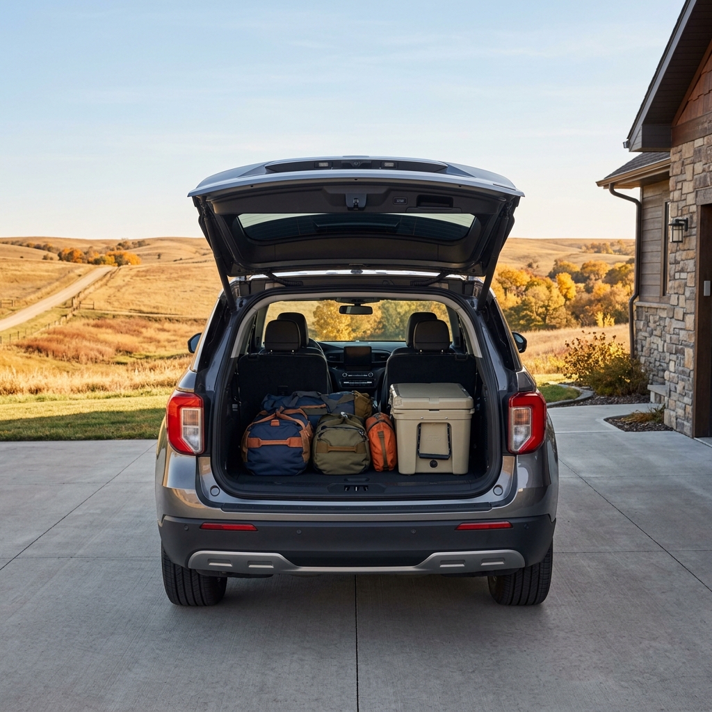 Open trunk of a grey SUV loaded with duffel bags and a tan cooler against a rural hills backdrop. (Representative image for illustration purposes only. Actual vehicle may vary based on trim and configuration.)