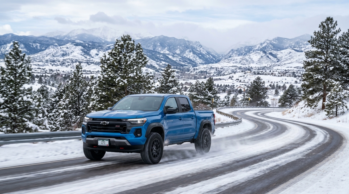Blue Chevrolet Colorado pickup truck driving around a curve on a snowy mountain road. (Representative image for illustration purposes only. Actual vehicle may vary based on trim and configuration.)