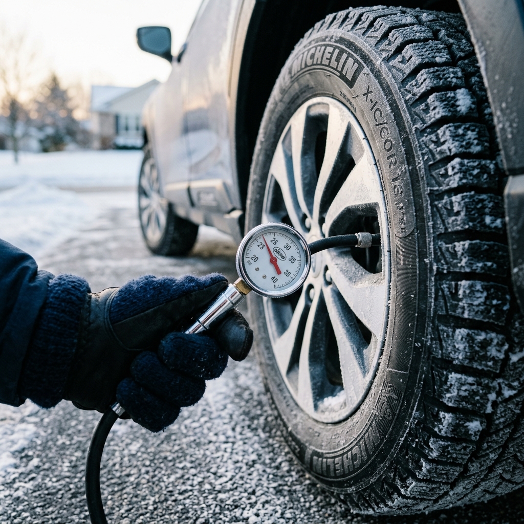 Gloved hand using a tire pressure gauge on a car's winter tire in a snowy outdoor driveway. (Representative image for illustration purposes only. Actual vehicle may vary based on trim and configuration.)