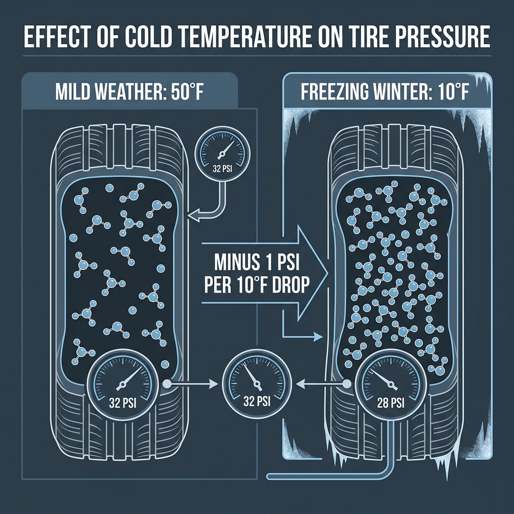 Diagram showing tire pressure dropping from 32 PSI at 50°F to 28 PSI at 10°F, losing 1 PSI per 10°F temperature drop. (Representative image for illustration purposes only. Actual vehicle may vary based on trim and configuration.)
