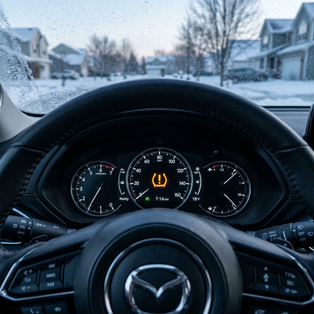 Driver's perspective inside a Mazda showing an illuminated yellow tire pressure warning light on the dashboard in winter. (Representative image for illustration purposes only. Actual vehicle may vary based on trim and configuration.)