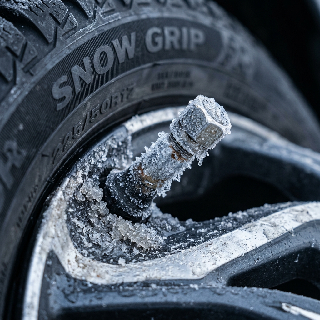Close-up of a frost-covered car tire valve stem with a winter tire in the blurred background. (Representative image for illustration purposes only. Actual vehicle may vary based on trim and configuration.)