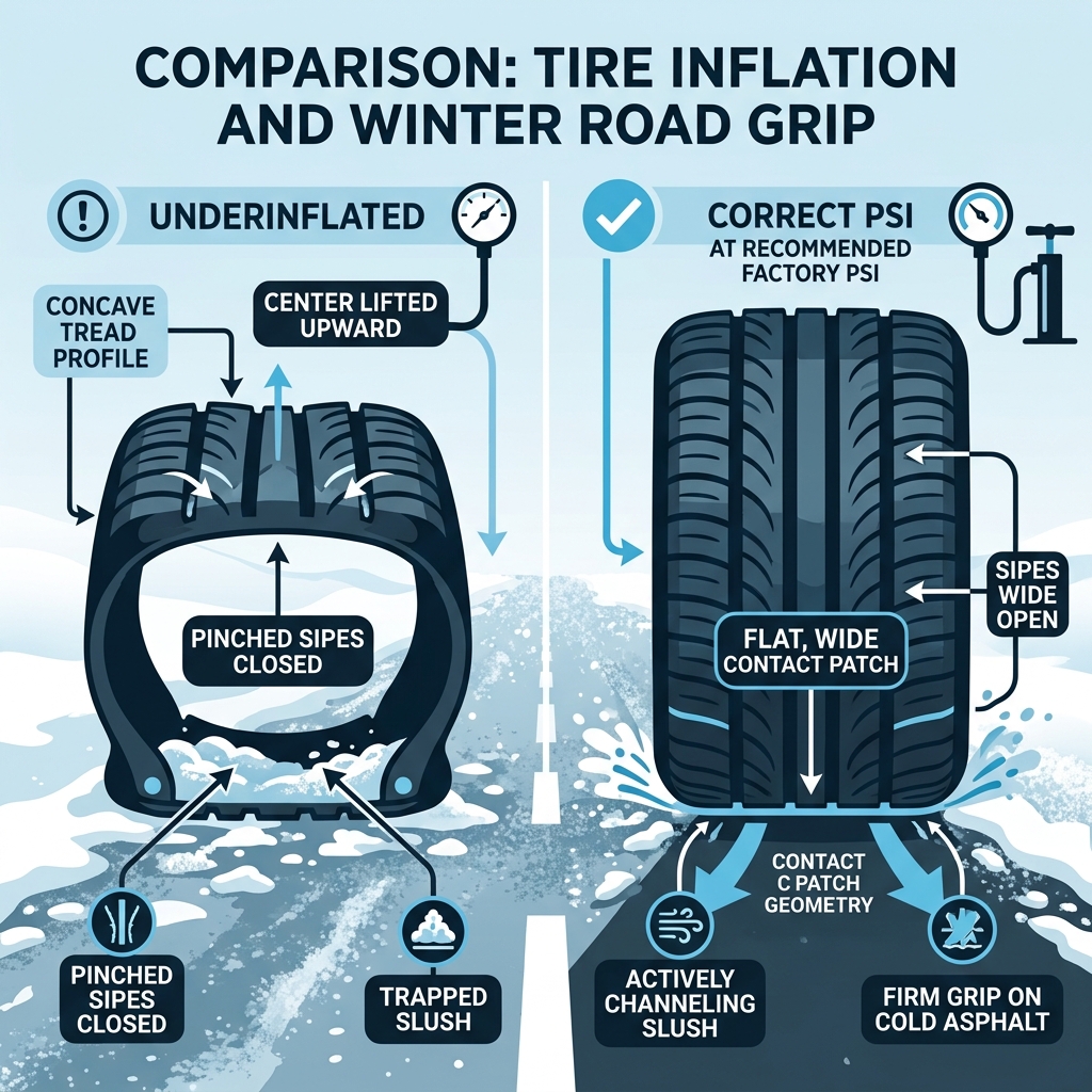 Infographic comparing how underinflated and correctly inflated tires perform on snowy winter roads. (Representative image for illustration purposes only. Actual vehicle may vary based on trim and configuration.)