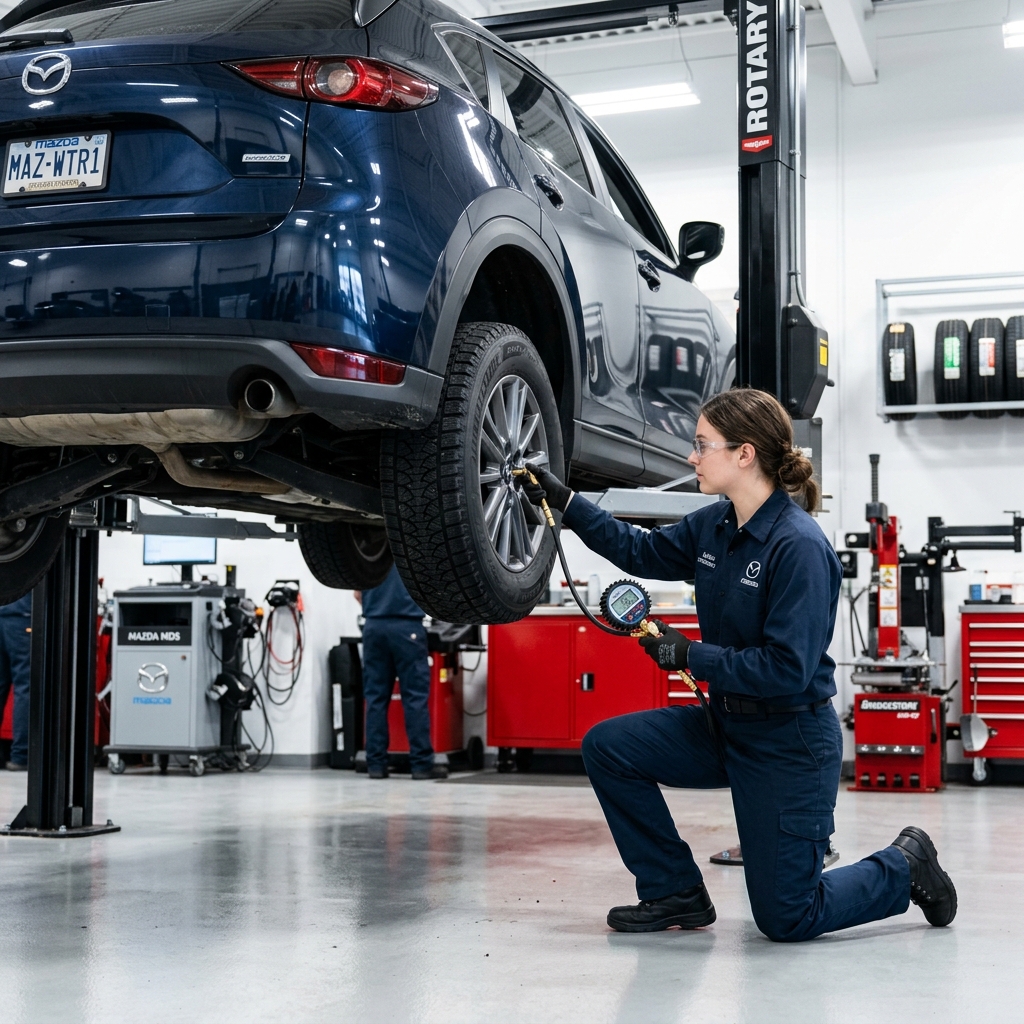 Female mechanic kneeling and checking tire pressure on a blue Mazda SUV elevated on a car lift. (Representative image for illustration purposes only. Actual vehicle may vary based on trim and configuration.)