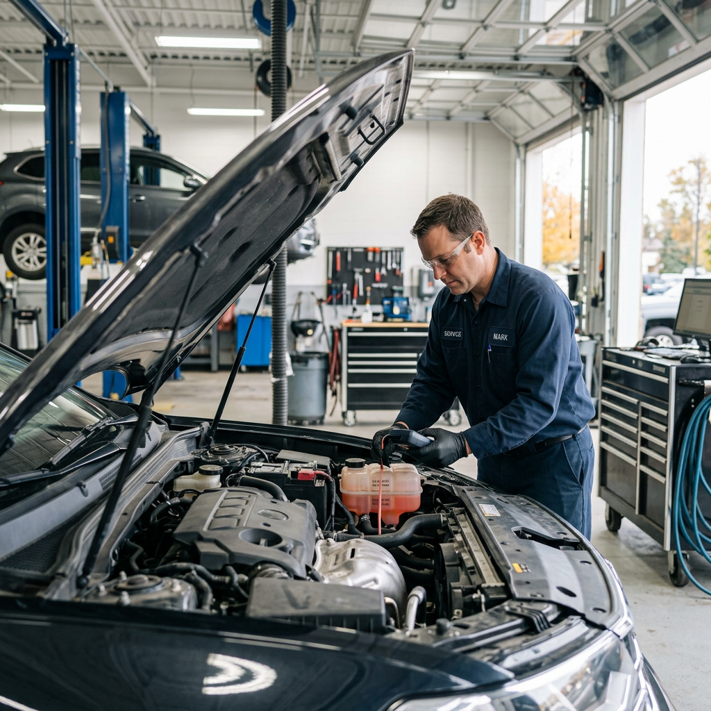 A mechanic wearing safety glasses inspects a car engine bay using a diagnostic probe in a bright garage. (Representative image for illustration purposes only. Actual vehicle may vary based on trim and configuration.)