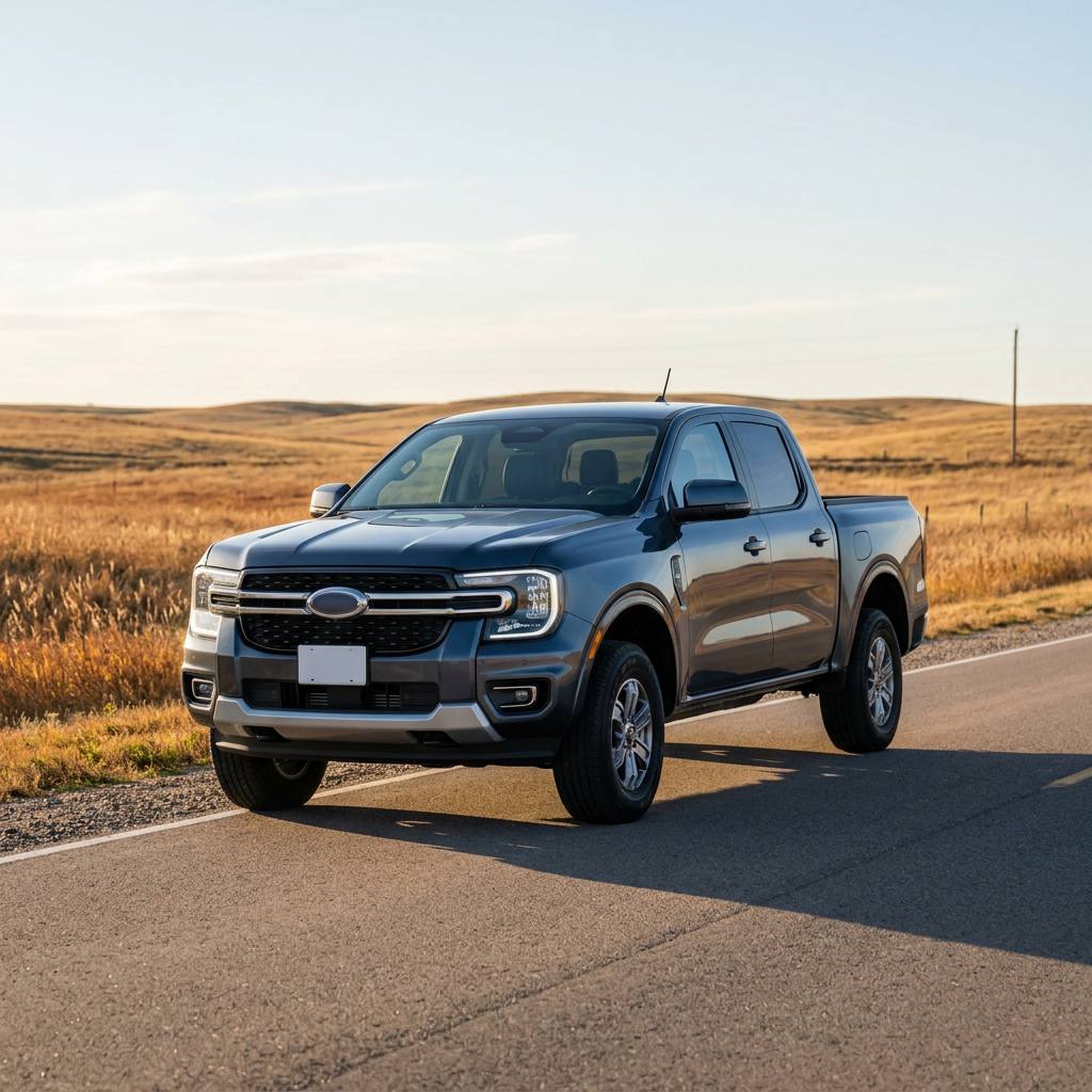 Dark gray Ford Ranger pickup truck parked on an asphalt road next to golden prairie hills. (Representative image for illustration purposes only. Actual vehicle may vary based on trim and configuration.)