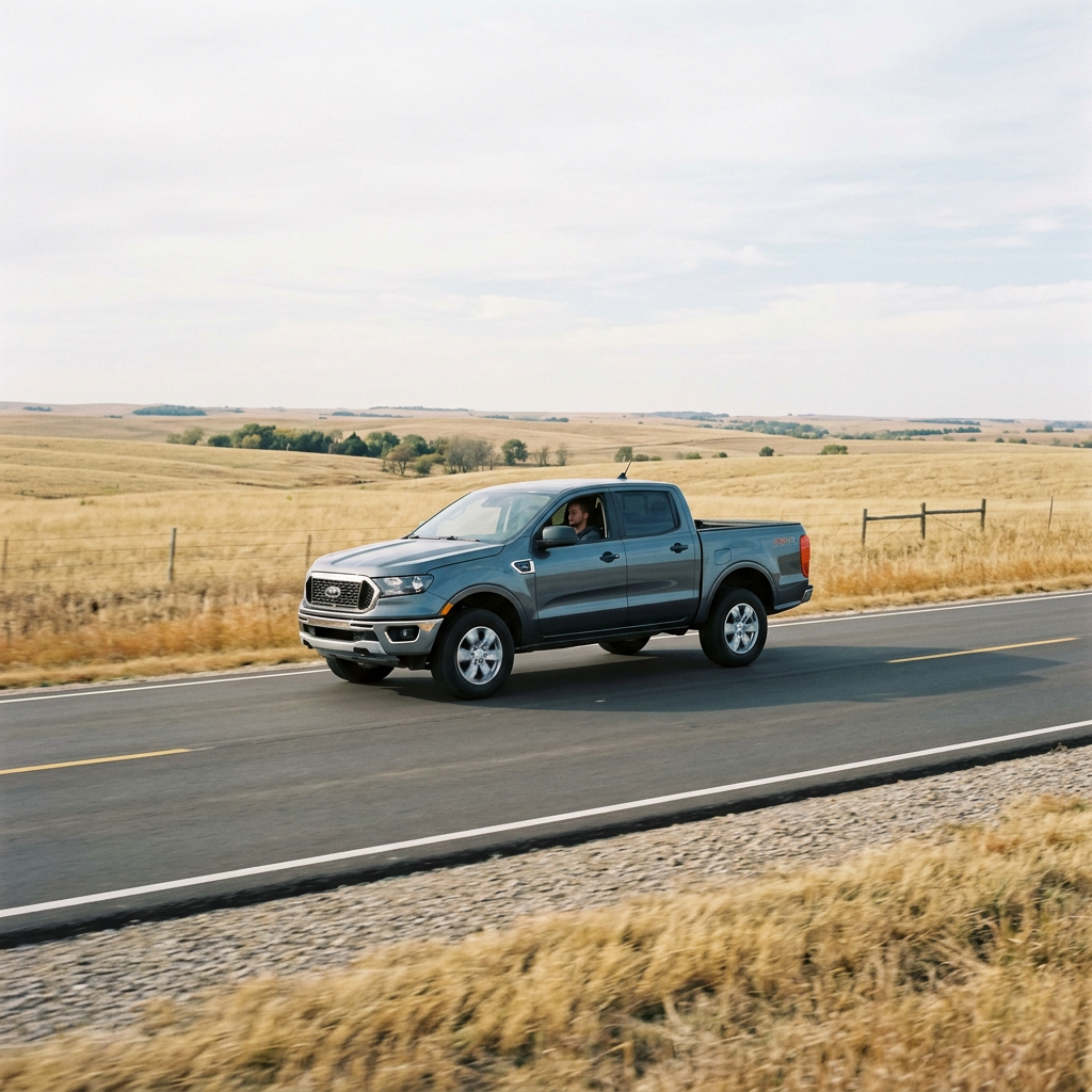 A grey Ford Ranger pickup truck driving on an open paved highway through golden rolling hills. (Representative image for illustration purposes only. Actual vehicle may vary based on trim and configuration.)
