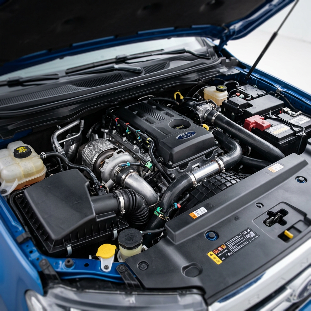 Clean engine bay of a modern blue Ford vehicle with the hood open, showing turbocharger and engine components. (Representative image for illustration purposes only. Actual vehicle may vary based on trim and configuration.)