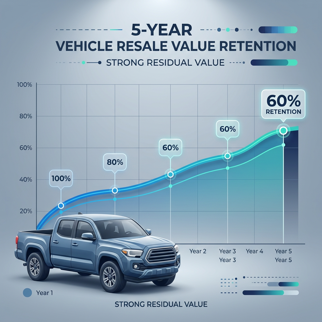 An infographic chart displaying 5-year vehicle resale value retention alongside a blue pickup truck. (Representative image for illustration purposes only. Actual vehicle may vary based on trim and configuration.)